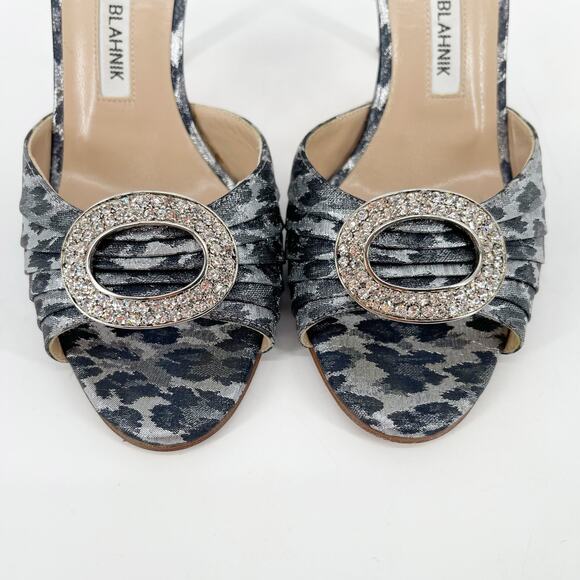 Manolo Blahnik Sedaraby Leopard Satin Crystal Buckle Peep Toe Heels IT 36.5 - Picture 7 of 13